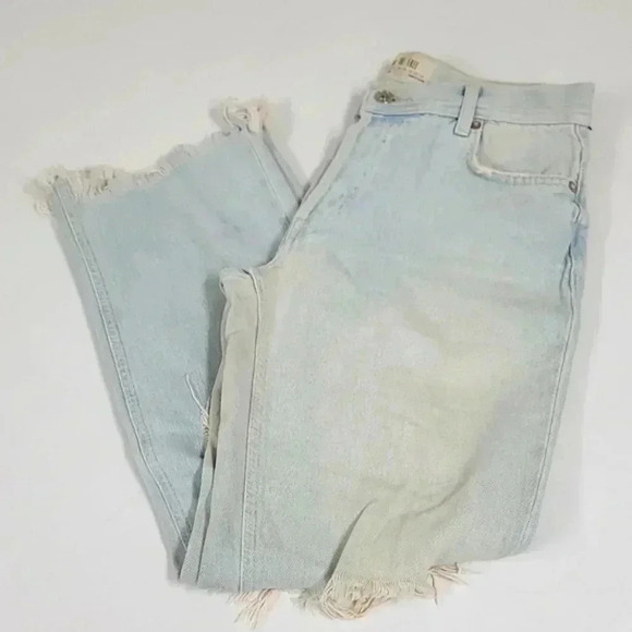 Free People Maggie Straight Leg Mid Rise Distressed Denim Jeans Paradise Blue - Picture 2 of 15